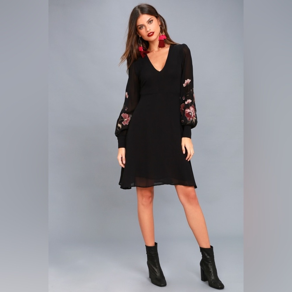 Holly Black Embroidered Long Sleeve Dress